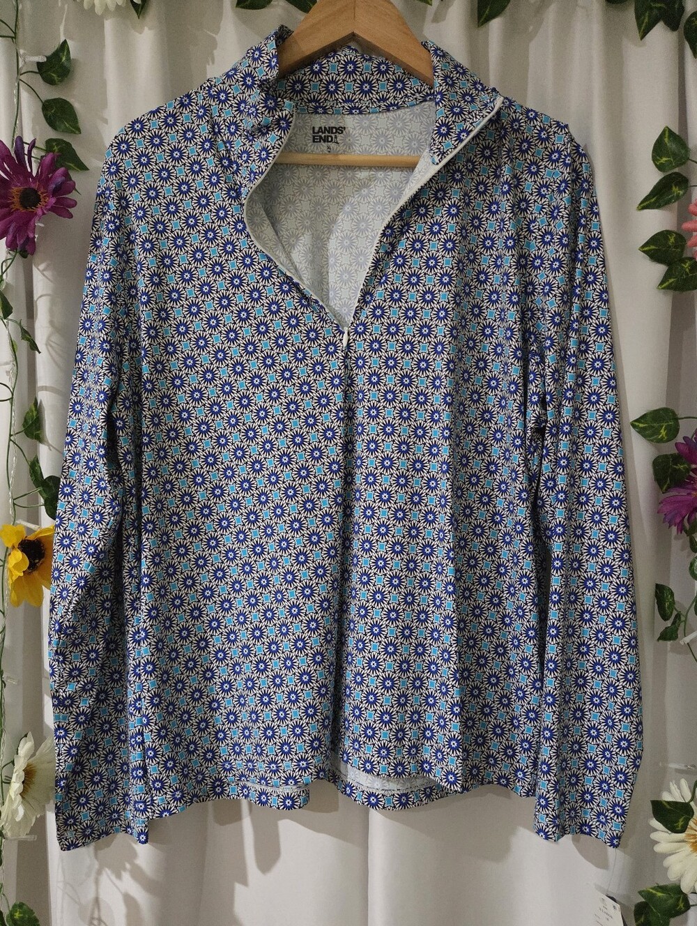 Lands' End Blue Floral Geometric Zip Long Sleeve  Swim Top Size XL (18) NEW